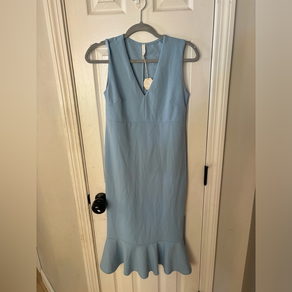 Pink blush maternity cocktail dress, pale blue